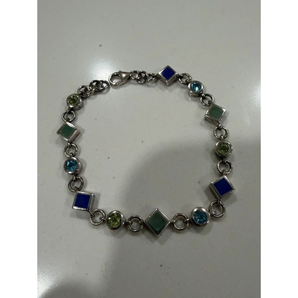 Sterling 925 Green “Peridot” and Blue “Topaz” Geometric Bracelet
